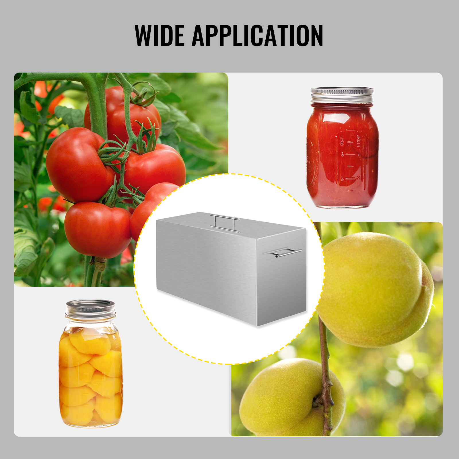 VEVOR water bath canner for tomatoes, peach jars, and fruit canning. wide application.