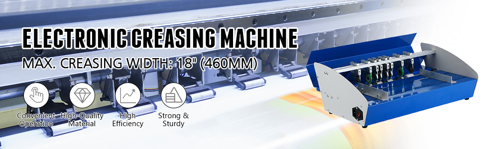 VEVOR electric creasing machine with 18" max width, highlighting features and benefits.
