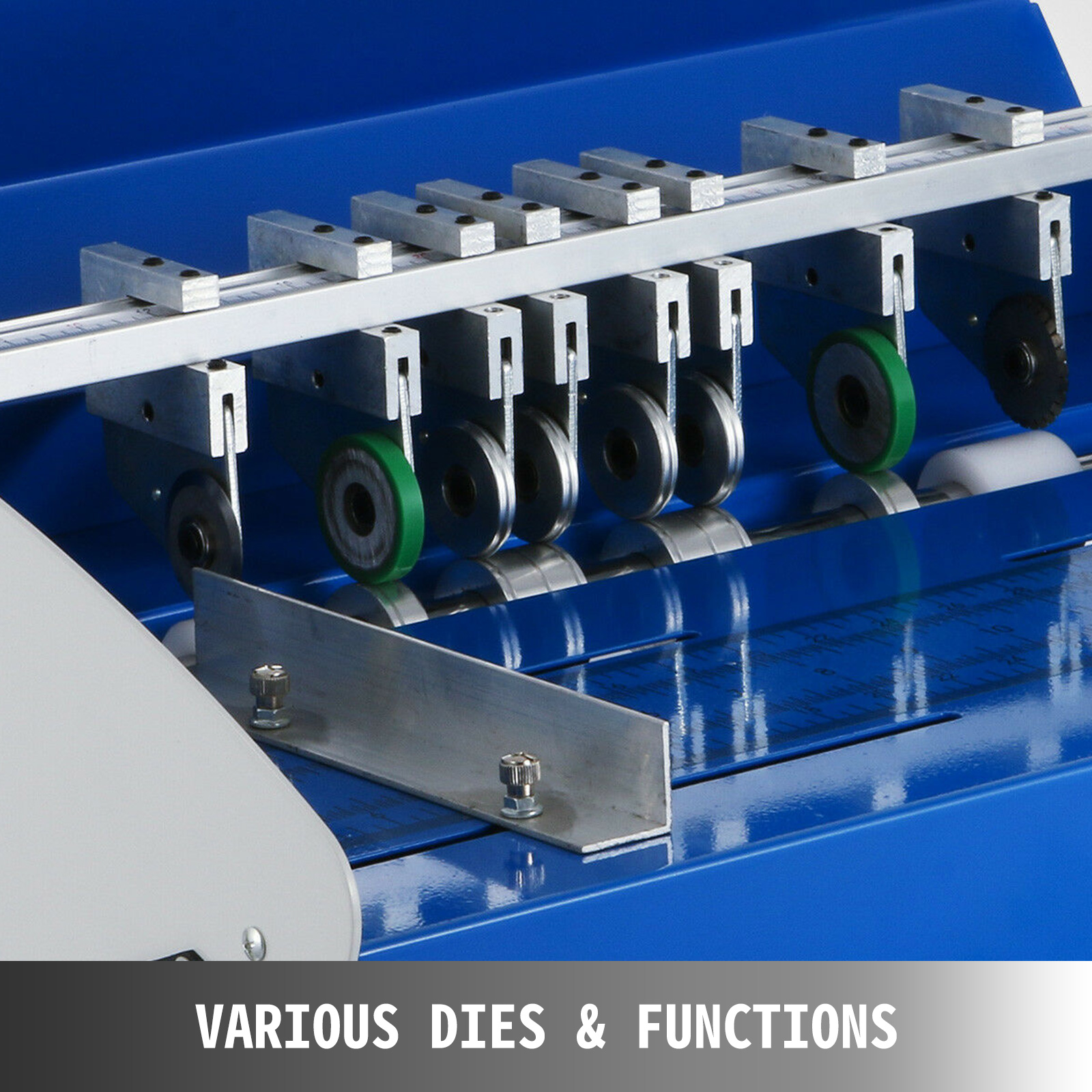 VEVOR electric creasing machine with multiple dies and functions on blue background.