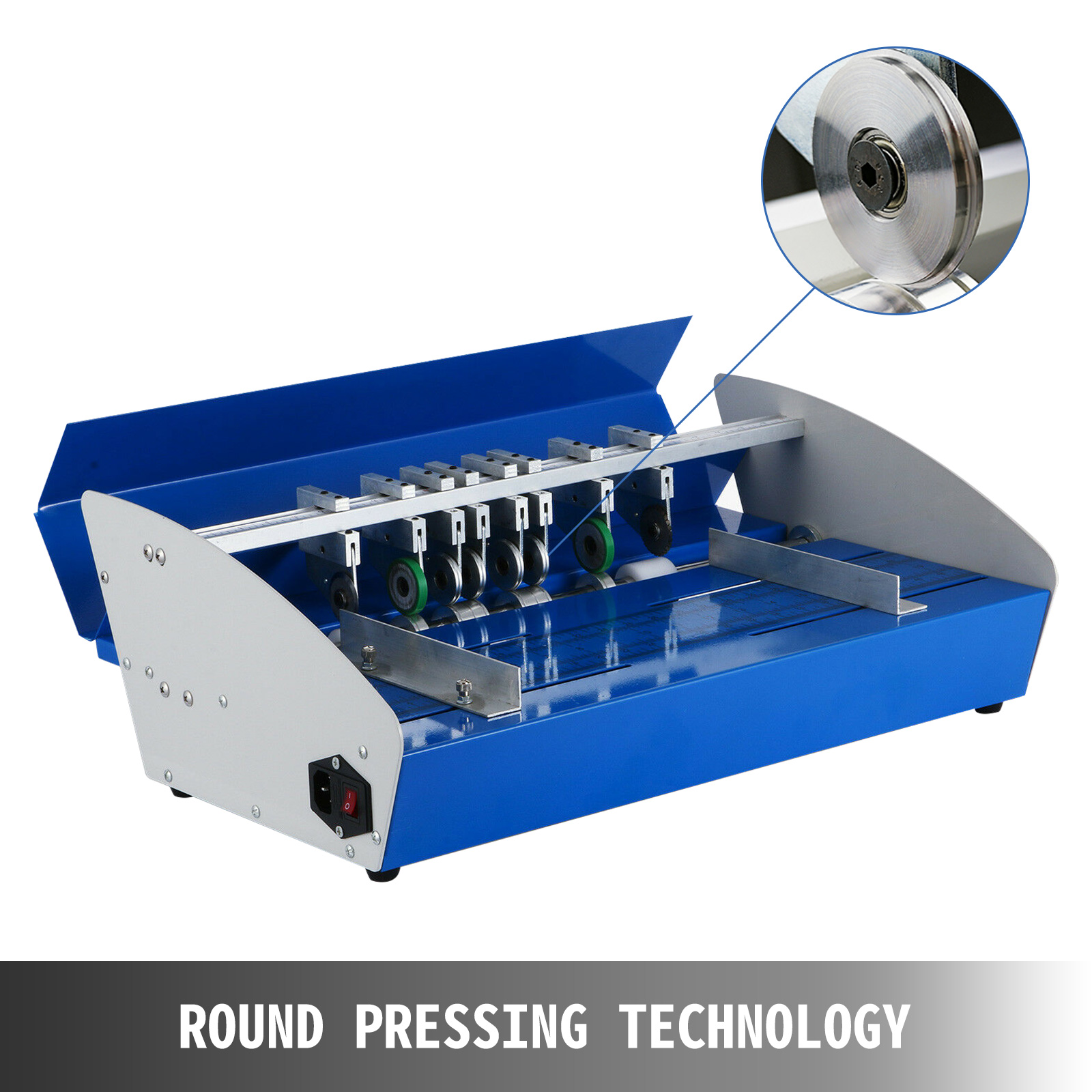 VEVOR electric creasing machine, blue design with round pressing technology.