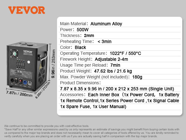 VEVOR spark firework machine with 500w power, adjustable height, aluminum alloy, black, 7.87x8.35x9.96 in.