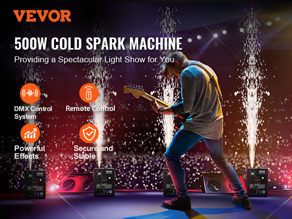VEVOR spark firework machine creating stunning light show with dmx control, remote control, and powerful effects.