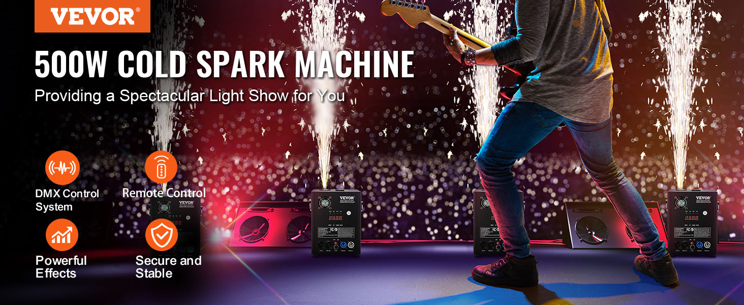 VEVOR spark firework machine creating stunning light show with dmx control, remote control, and powerful effects.