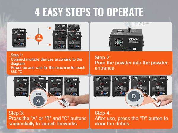 4 easy steps to operate the VEVOR spark firework machine: connect, fill powder, launch, clear debris.