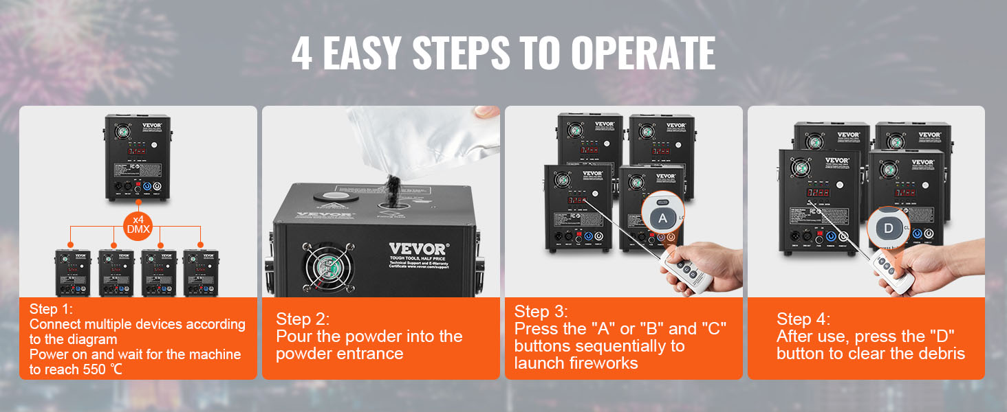 4 easy steps to operate the VEVOR spark firework machine: connect, fill powder, launch, clear debris.