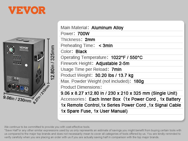 VEVOR cold spark machine, 700w, adjustable height 2-5m, usage 7min, black aluminum alloy unit.