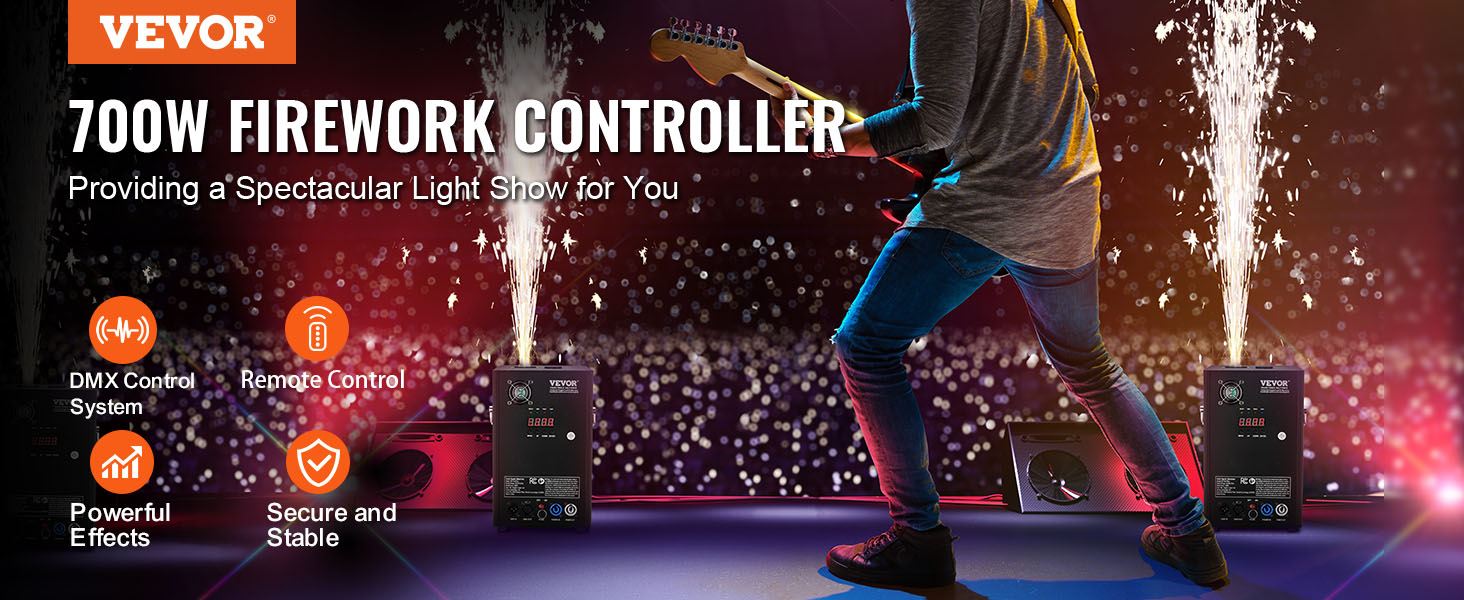 VEVOR cold spark machine showcasing powerful effects with dmx and remote control during a concert.