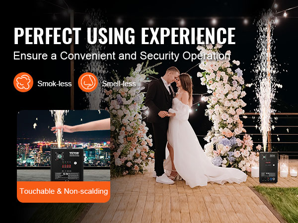 VEVOR cold spark machine for weddings, smokeless, smell-less; touchable, non-scalding, safe operation.