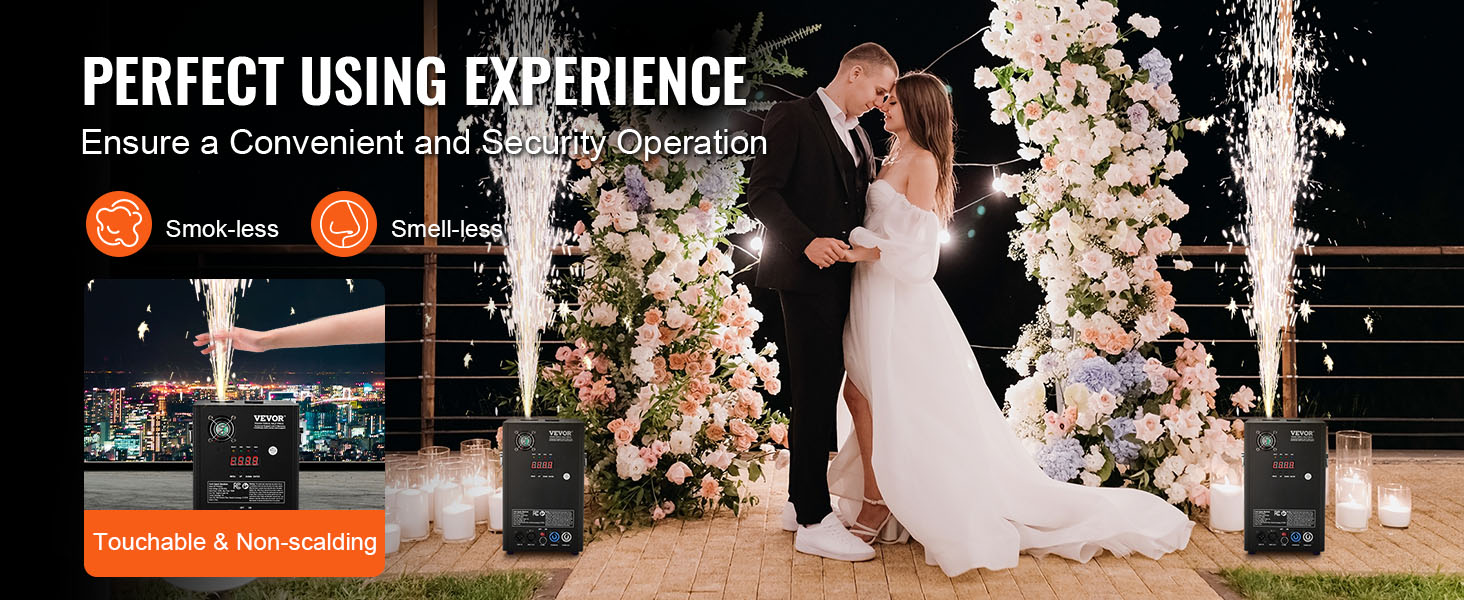 VEVOR cold spark machine for weddings, smokeless, smell-less; touchable, non-scalding, safe operation.