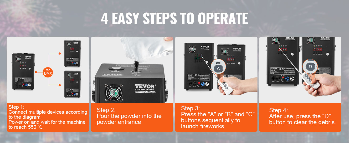 four-step guide on operating VEVOR cold spark machine: connect devices, add powder, launch, and clear debris.