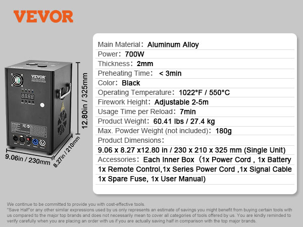 VEVOR cold spark firework machine, 700w power, aluminum alloy, adjustable height 2-5m, black.