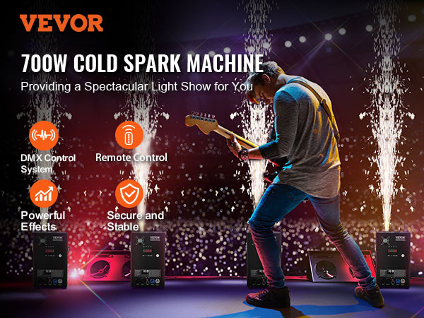 VEVOR cold spark firework machine creating stunning effects with dmx control, remote control, and high power.