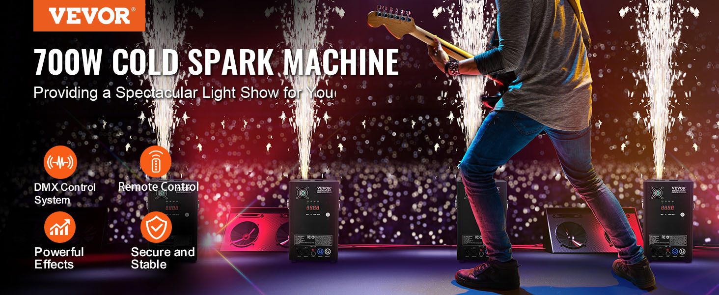VEVOR cold spark firework machine creating stunning effects with dmx control, remote control, and high power.