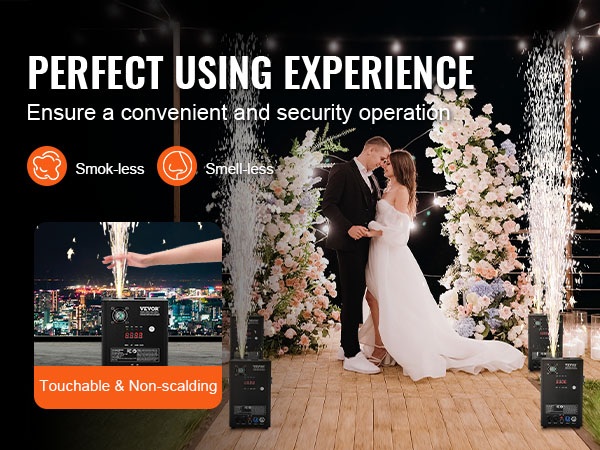 VEVOR cold spark firework machine at an elegant wedding, smokeless and safe for indoor events.