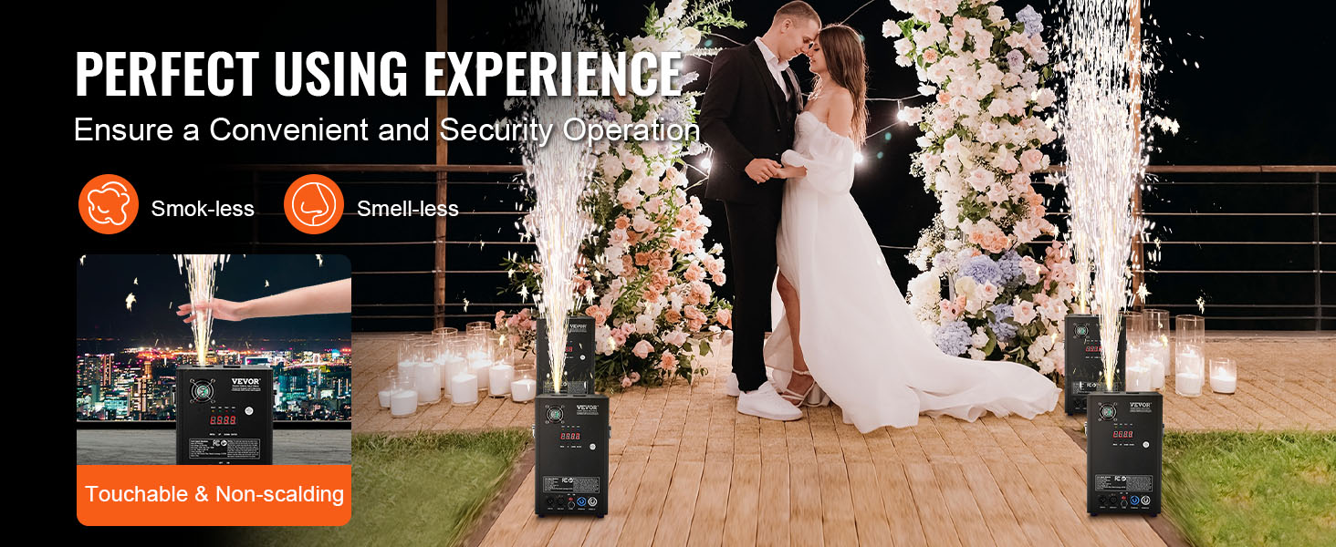 VEVOR cold spark firework machine at an elegant wedding, smokeless and safe for indoor events.