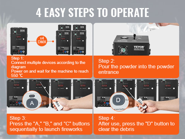 4 steps to operate VEVOR cold spark firework machine. connect devices, pour powder, press buttons, clear debris.