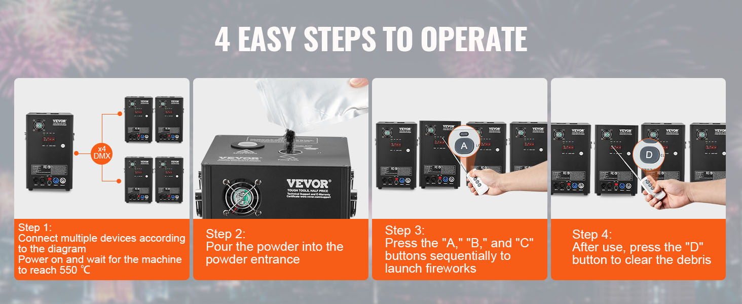 4 steps to operate VEVOR cold spark firework machine. connect devices, pour powder, press buttons, clear debris.