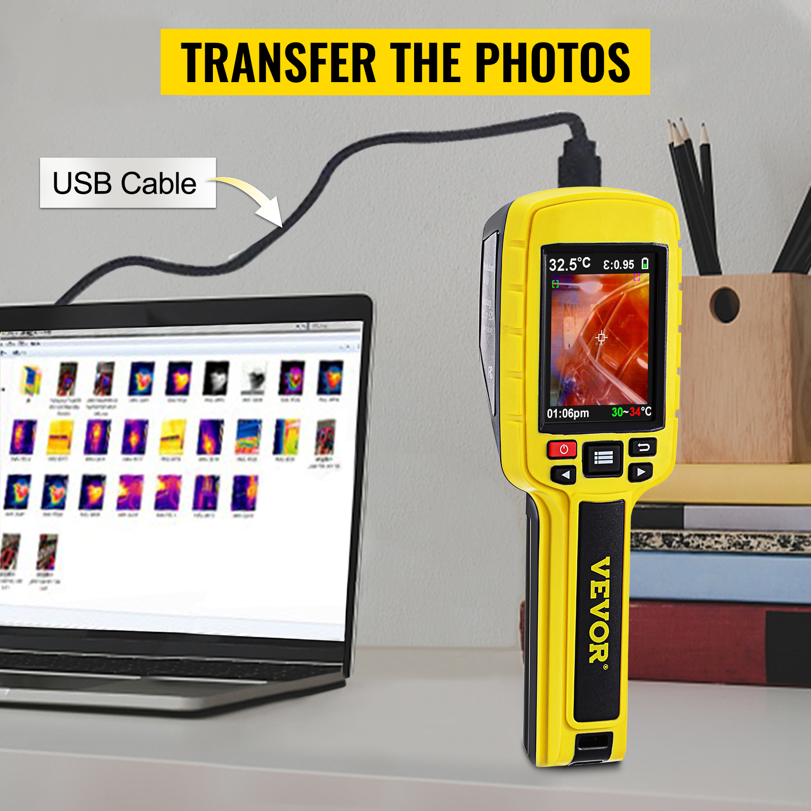 VEVOR termālās attēlveidošanas kamera, kas savienota ar klēpjdatoru, izmantojot USB kabeli, un pārsūta termālās fotogrāfijas.