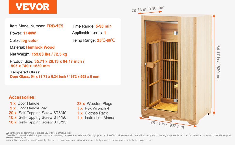 VEVOR infrared sauna, 1140w, hemlock wood, 5-90 min time range, fits 1 user, includes accessories.
