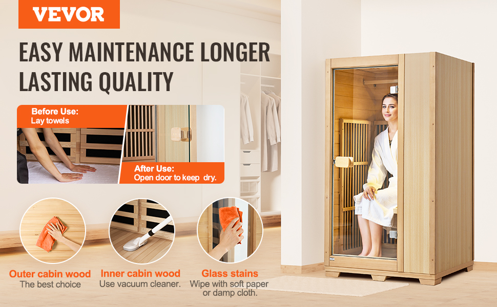 VEVOR infrared sauna with easy maintenance tips for long-lasting quality, featuring a wooden cabin.