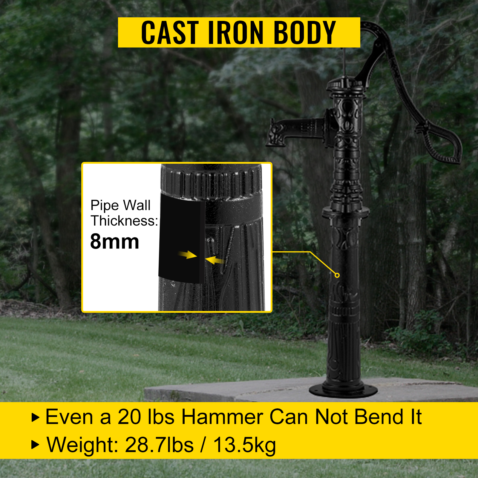 VEVOR antique hand water pump stand in cast iron with 8mm thick pipe wall. 28.7 lbs.