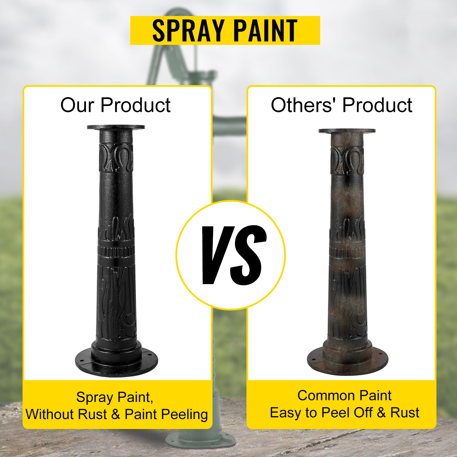VEVOR antique hand water pump stand comparison, highlighting superior spray paint finish.