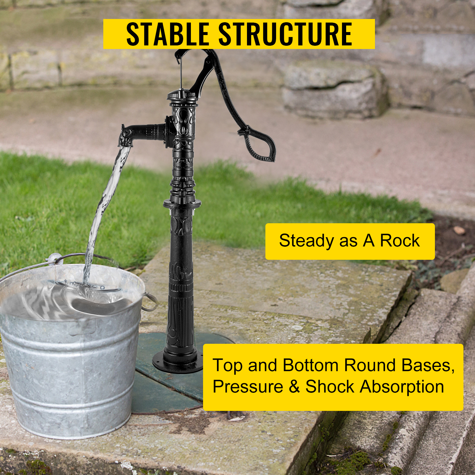 VEVOR antique hand water pump stand with a steady stream into a metal bucket.