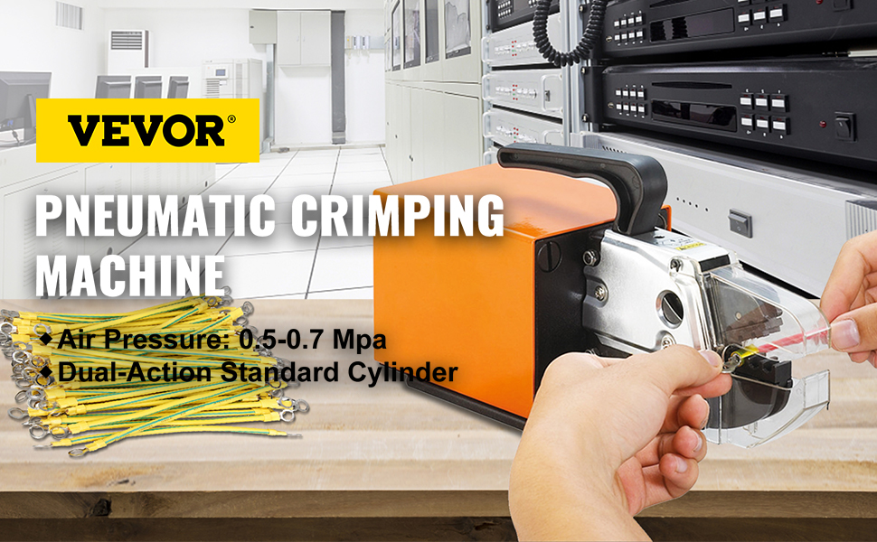VEVOR pneumatic crimping tool in use near server rack, showing air pressure specs and dual-action cylinder.