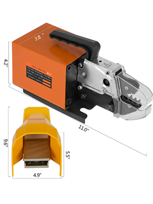 VEVOR pneumatic crimping tool with dimensions, sturdy metal jaws, and ergonomic handle.