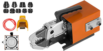 VEVOR pneumatic crimping tool with multiple die sets, cable, and accessories against a white background.