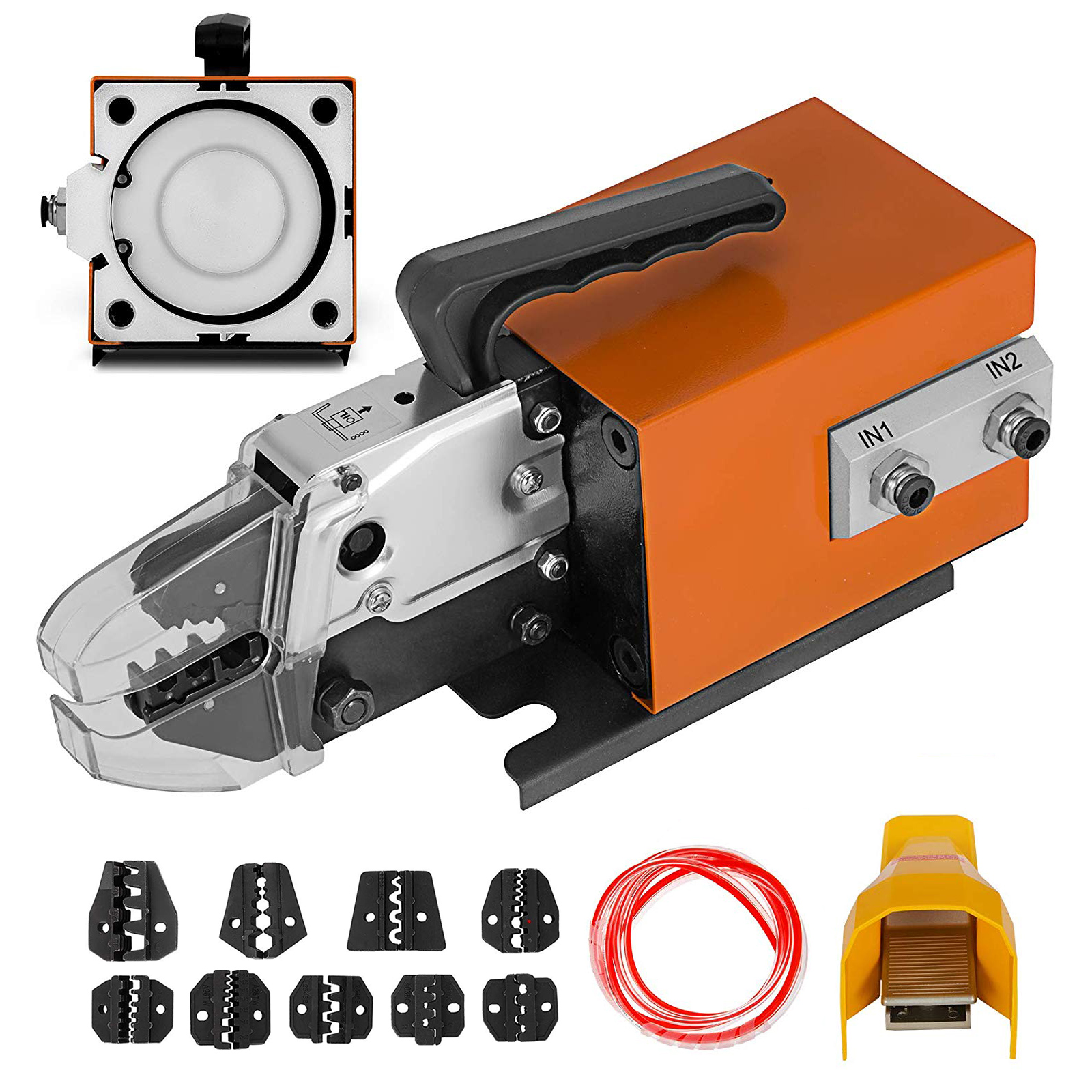 VEVOR pneumatic crimping tool with various crimping dies, cables, and connectors included in the set.