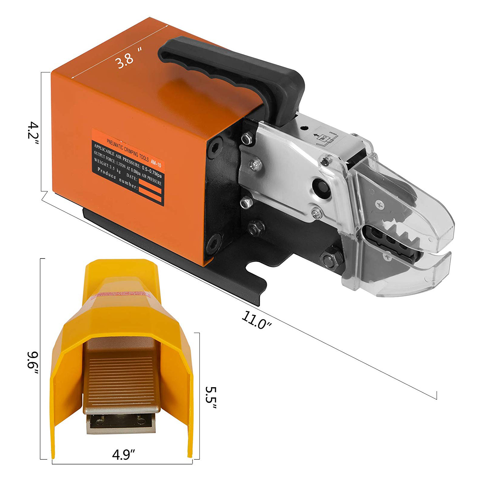 orange and black VEVOR pneumatic crimping tool with measurements, showcasing crimping jaws and handle.