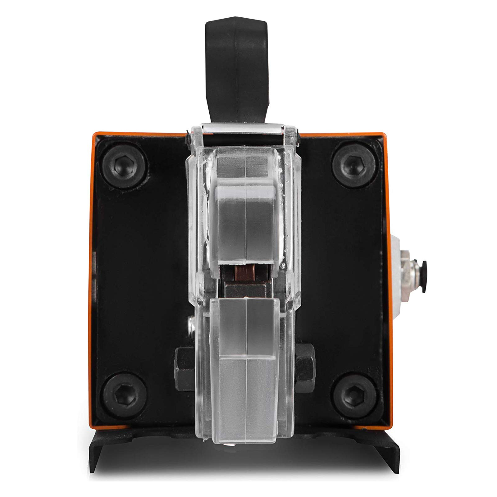 front view of the VEVOR pneumatic crimping tool showcasing its transparent components and black casing.