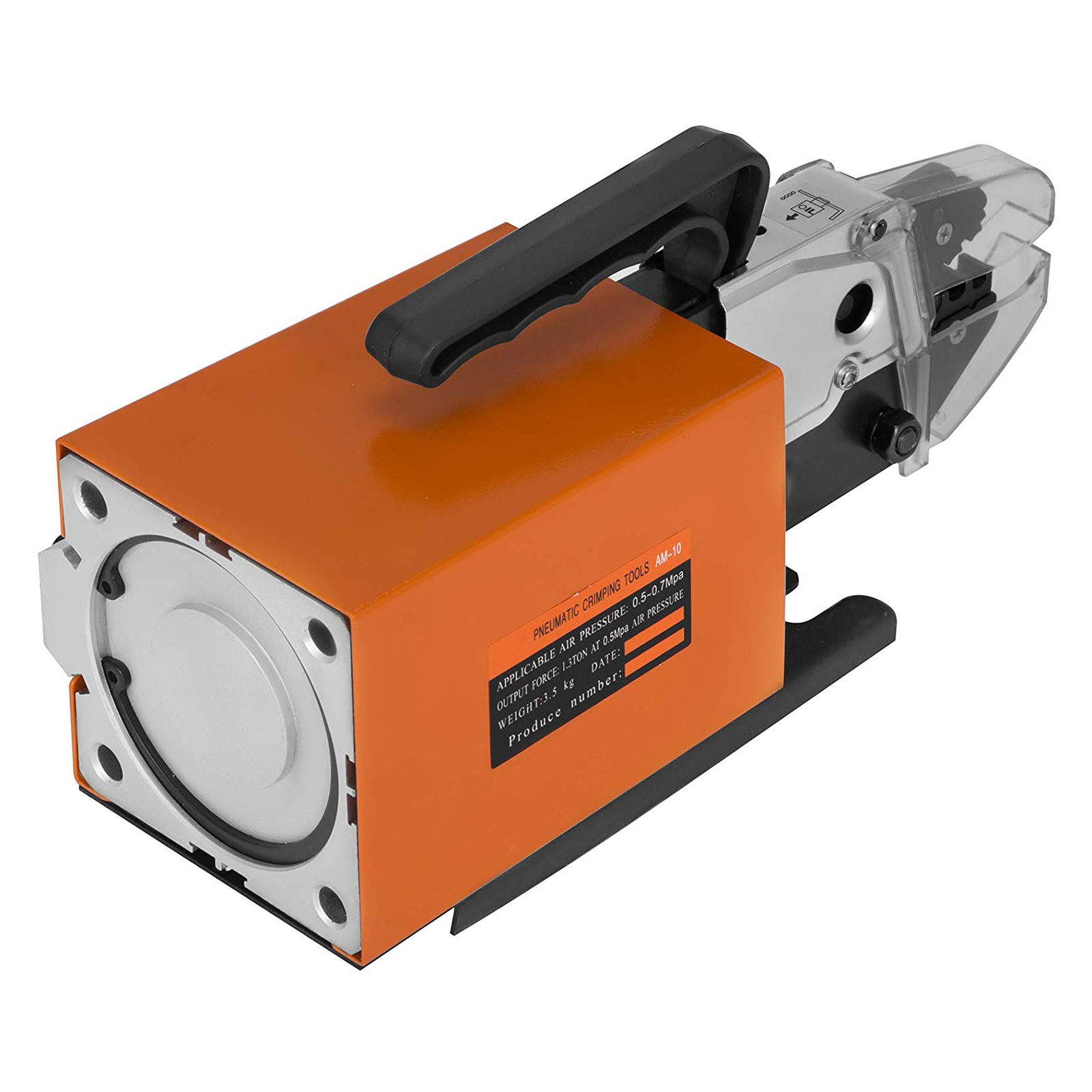 orange VEVOR pneumatic crimping tool with black handle, robust metal build, and transparent guard.