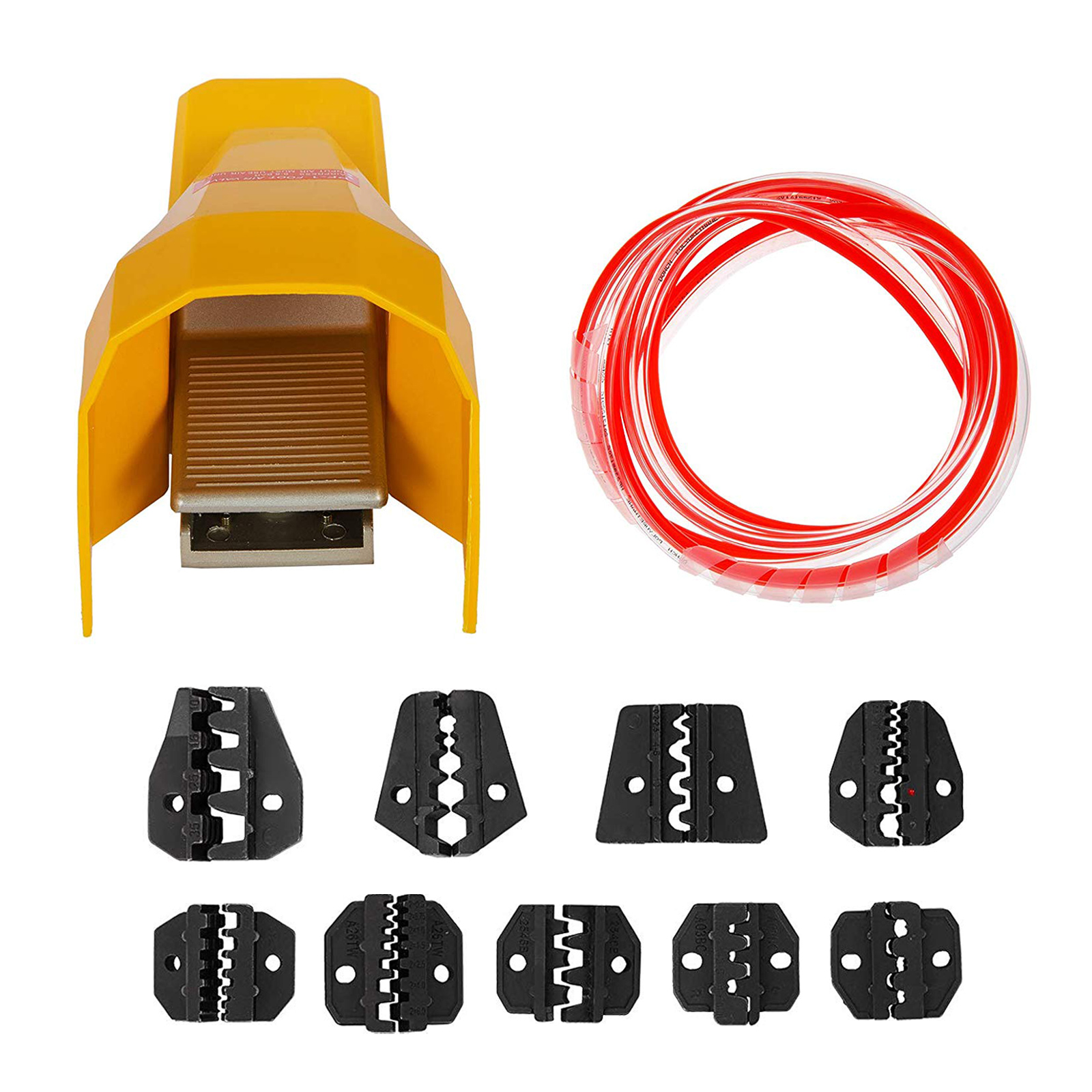 VEVOR pneumatic crimping tool with interchangeable dies and red coiled hose included