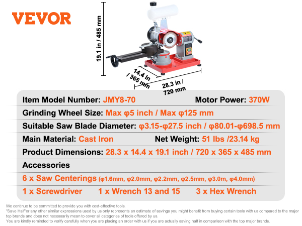 VEVOR circular saw blade sharpener with 370w motor, cast iron, 5-inch grinding wheel, 728x365x485 mm.