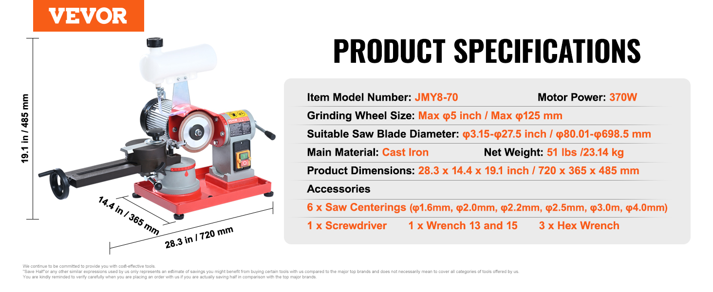 VEVOR circular saw blade sharpener with 370w motor, cast iron, 5-inch grinding wheel, 728x365x485 mm.