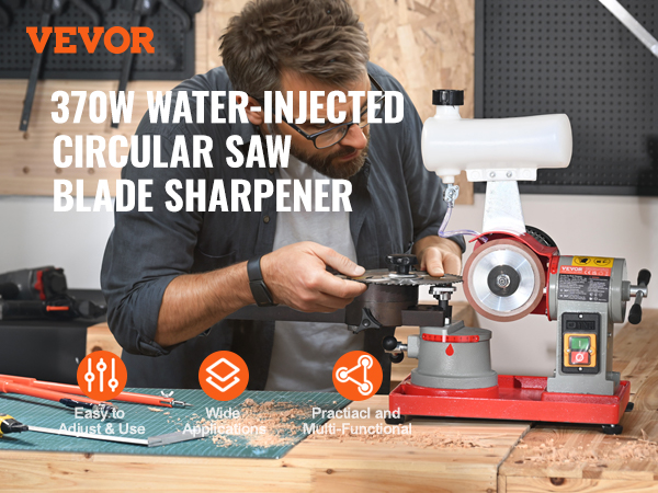 VEVOR 370w water-injected circular saw blade sharpener setup and usage in a workshop.