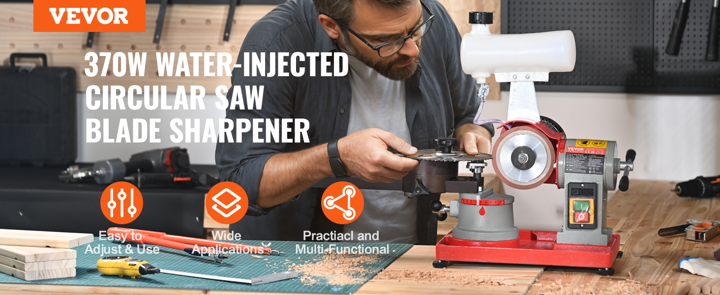 VEVOR 370w water-injected circular saw blade sharpener setup and usage in a workshop.