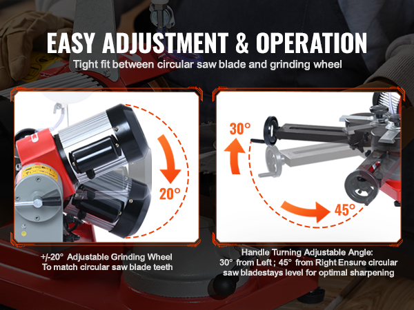 VEVOR circular saw blade sharpener with adjustable grinding wheel and handle turning angles.