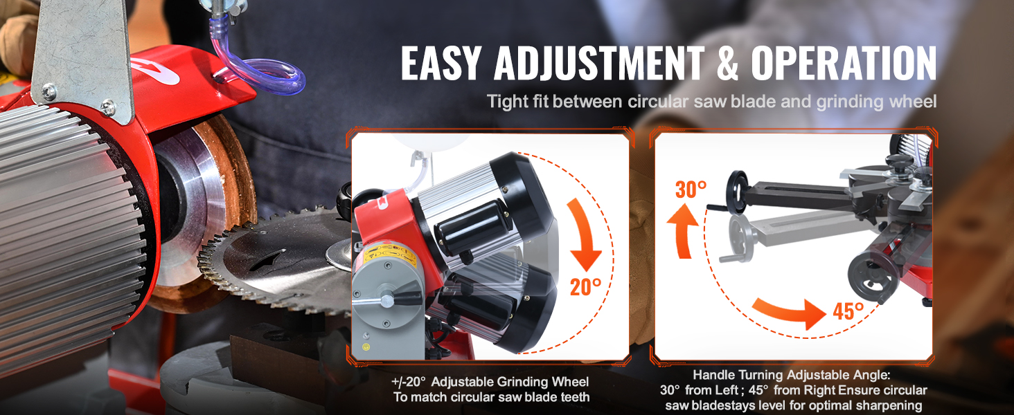 VEVOR circular saw blade sharpener with adjustable grinding wheel and handle turning angles.
