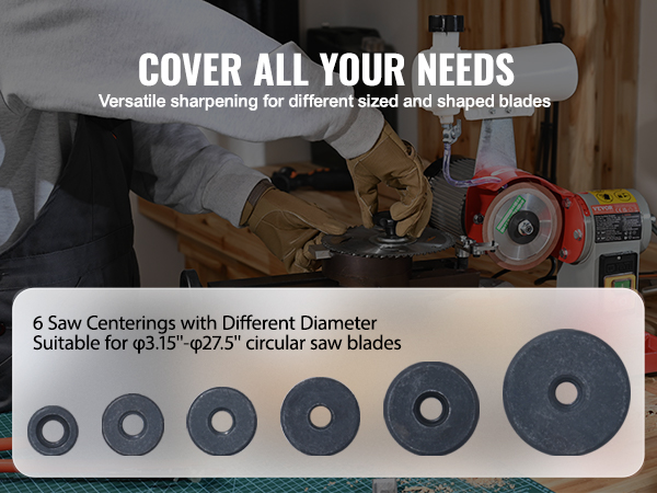 VEVOR circular saw blade sharpener with versatile blade sizes, six saw centerings in a workshop setting.