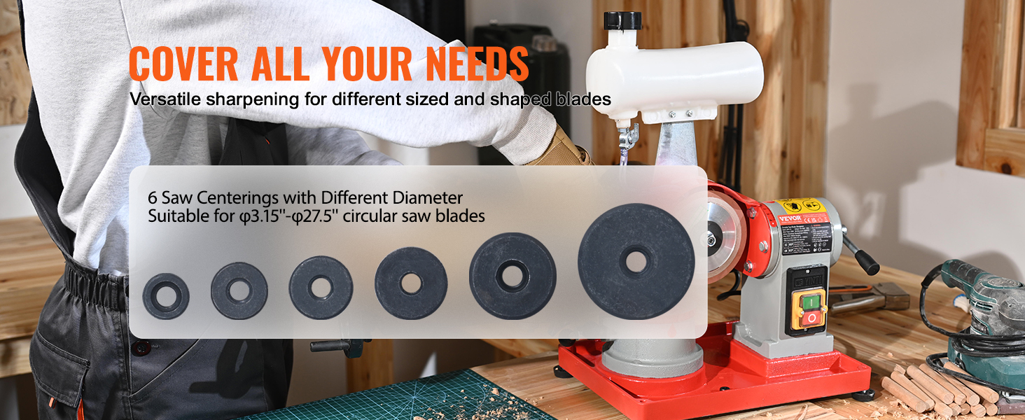 VEVOR circular saw blade sharpener with versatile blade sizes, six saw centerings in a workshop setting.