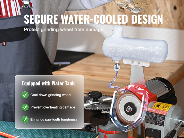 VEVOR circular saw blade sharpener with secure water-cooled design, equipped with water tank for cooling.