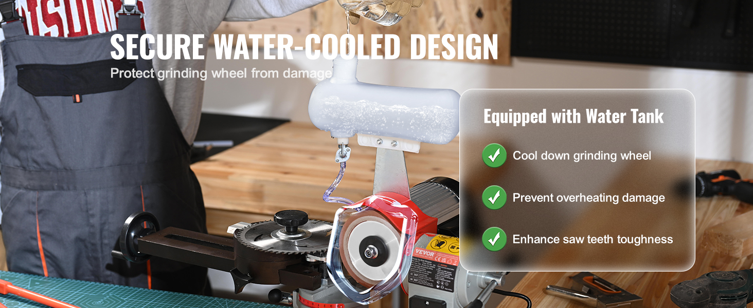 VEVOR circular saw blade sharpener with secure water-cooled design, equipped with water tank for cooling.