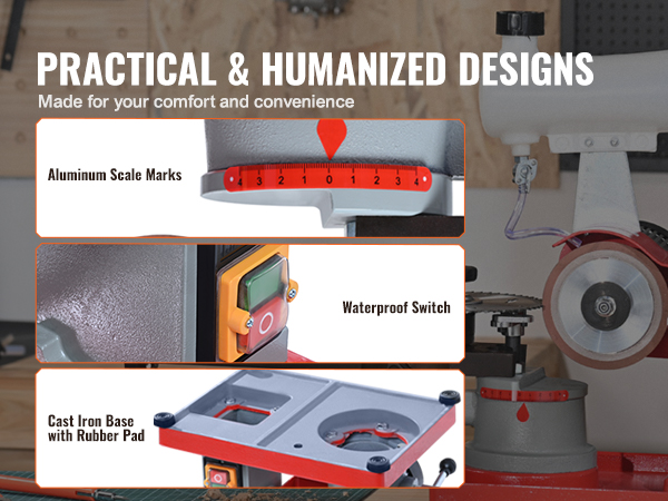 VEVOR circular saw blade sharpener with aluminum scale marks, waterproof switch, and cast iron base.