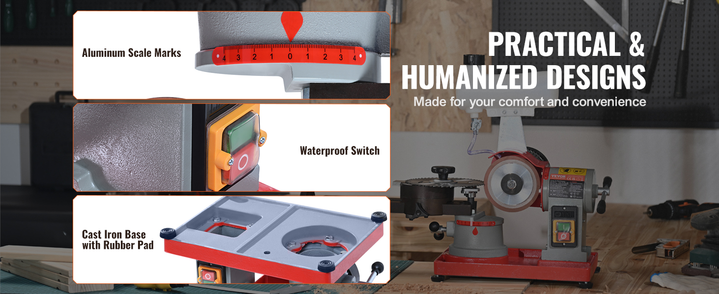 VEVOR circular saw blade sharpener with aluminum scale marks, waterproof switch, and cast iron base.
