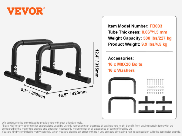 VEVOR dip bars, dimensions: 9.1" x 16.5" x 12.4", weight capacity: 500 lbs, model number: fb003.