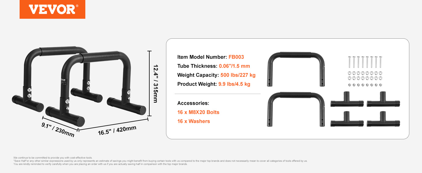 VEVOR dip bars, dimensions: 9.1" x 16.5" x 12.4", weight capacity: 500 lbs, model number: fb003.