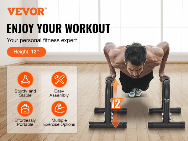 man doing push-ups with VEVOR dip bars on a wooden floor; sturdy, easy assembly, portable, multiple exercises.
